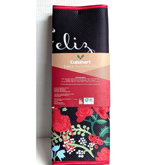 Christmas Cardinal Feliz Navidad Dish Drying Mats 2pc Reversible Red Kitchen NEW - Picture 6 of 8